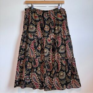 Vintage Dressbarn Tiered A-line Midi Skirt Black Paisley Floral Size 8 Bohemian